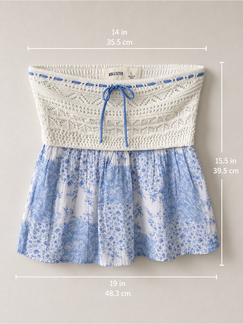 Hollister Cream Crochet Top with Blue Drawstring